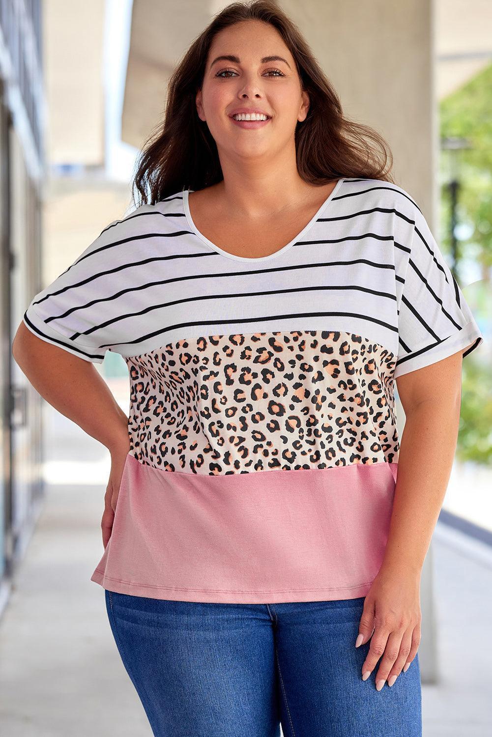 Plus Size Striped Leopard Round Neck Half Sleeve T-Shirt - ClubOn