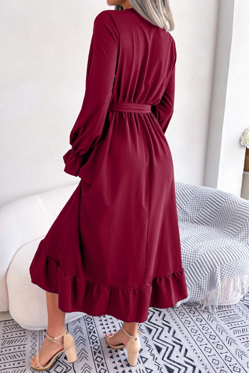 Contrast Belted Flounce Sleeve Dress - ClubOn