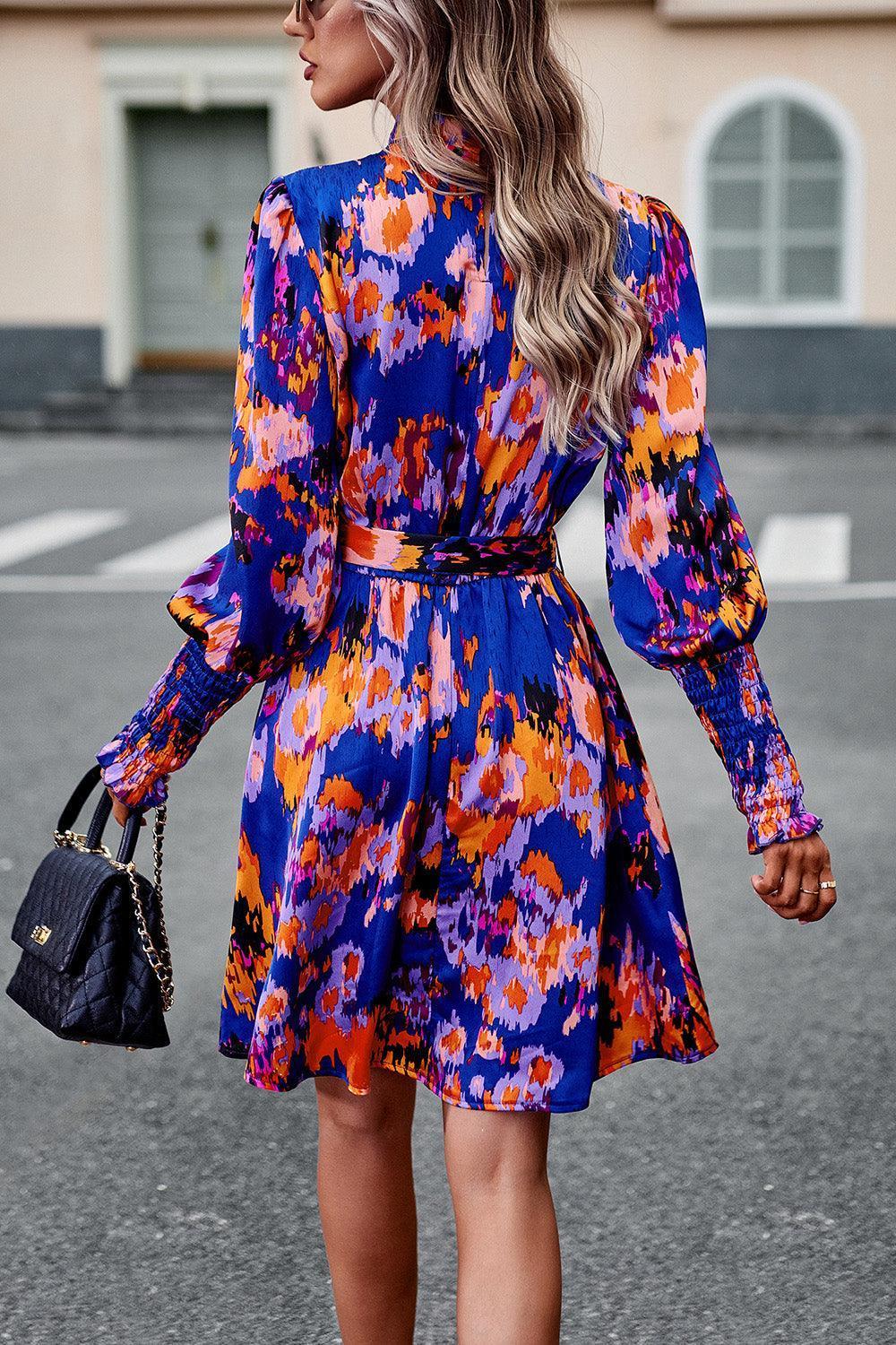 Devine Printed Tie Waist Mock Neck Lantern Sleeve Dress - ClubOn