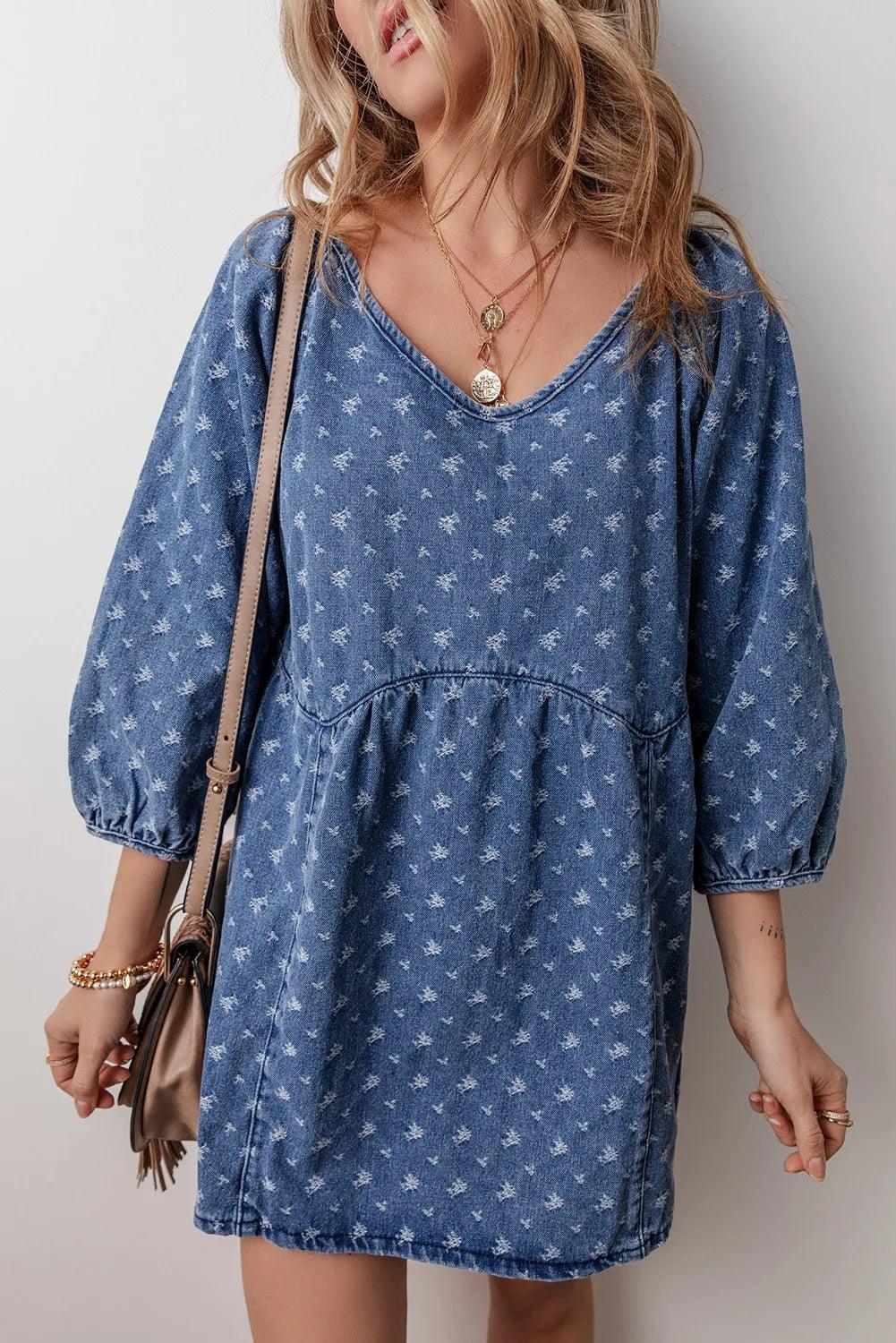 Tied V-Neck Mini Denim Dress - ClubOn