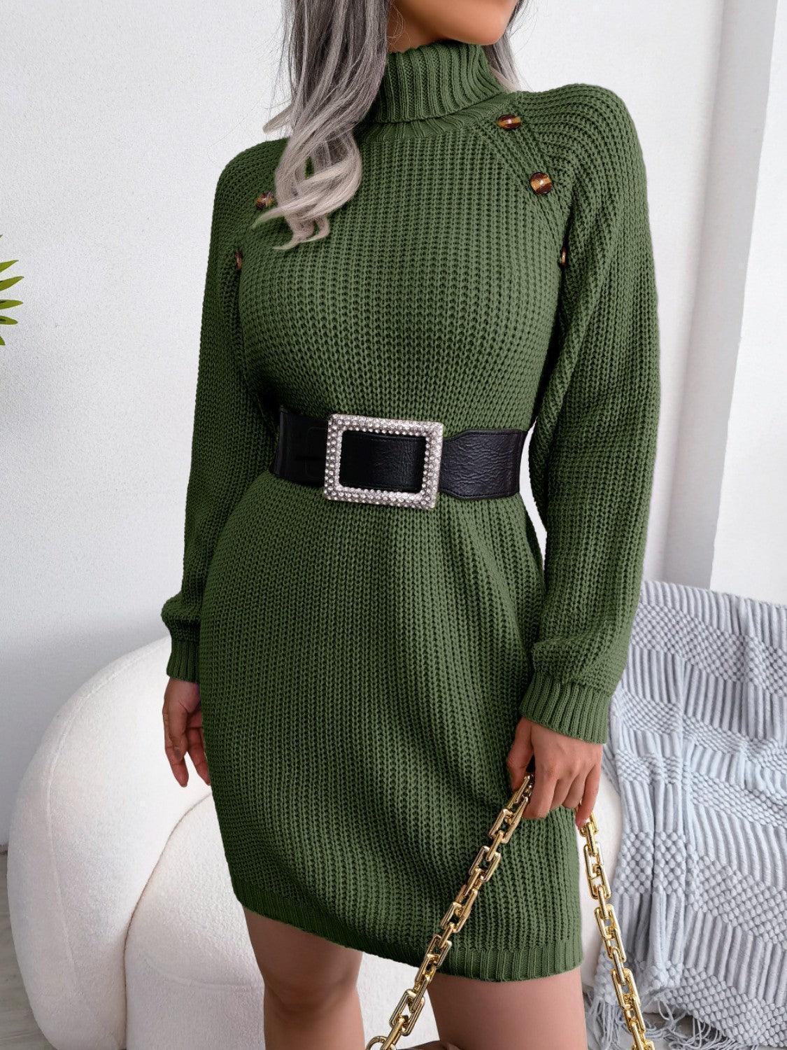 Decorative Button Turtleneck Sweater Dress - ClubOn