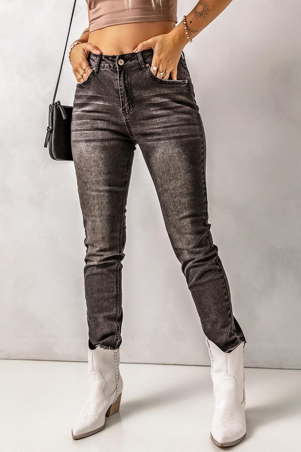 High Waist Raw Hem Skinny Jeans - ClubOn