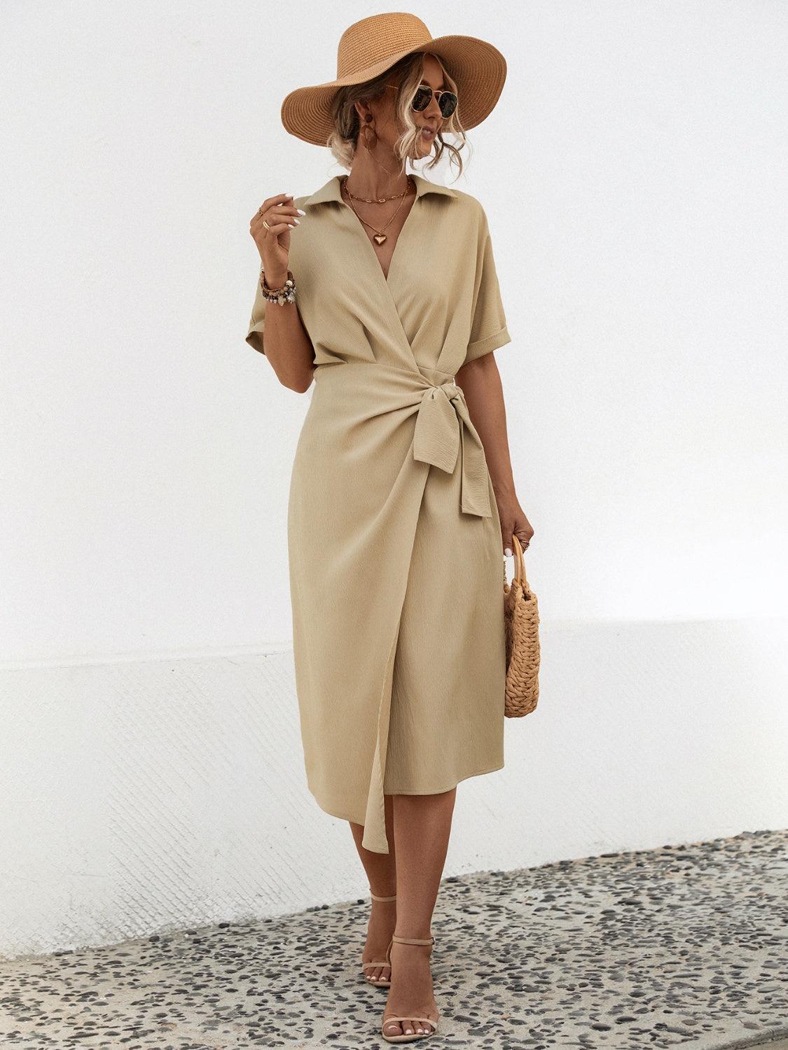 Tied Slit Short Sleeve Dress - ClubOn