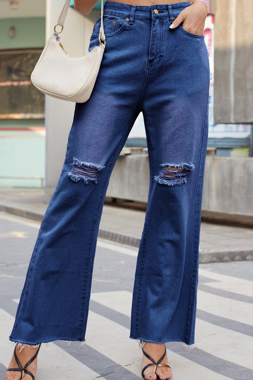 Distressed Buttoned Loose Fit Jeans - ClubOn