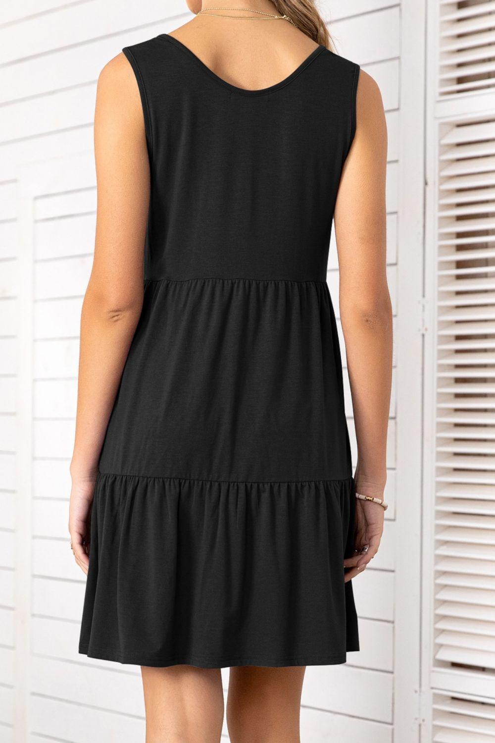 Decorative Button Scoop Neck Sleeveless Tiered Dress - ClubOn