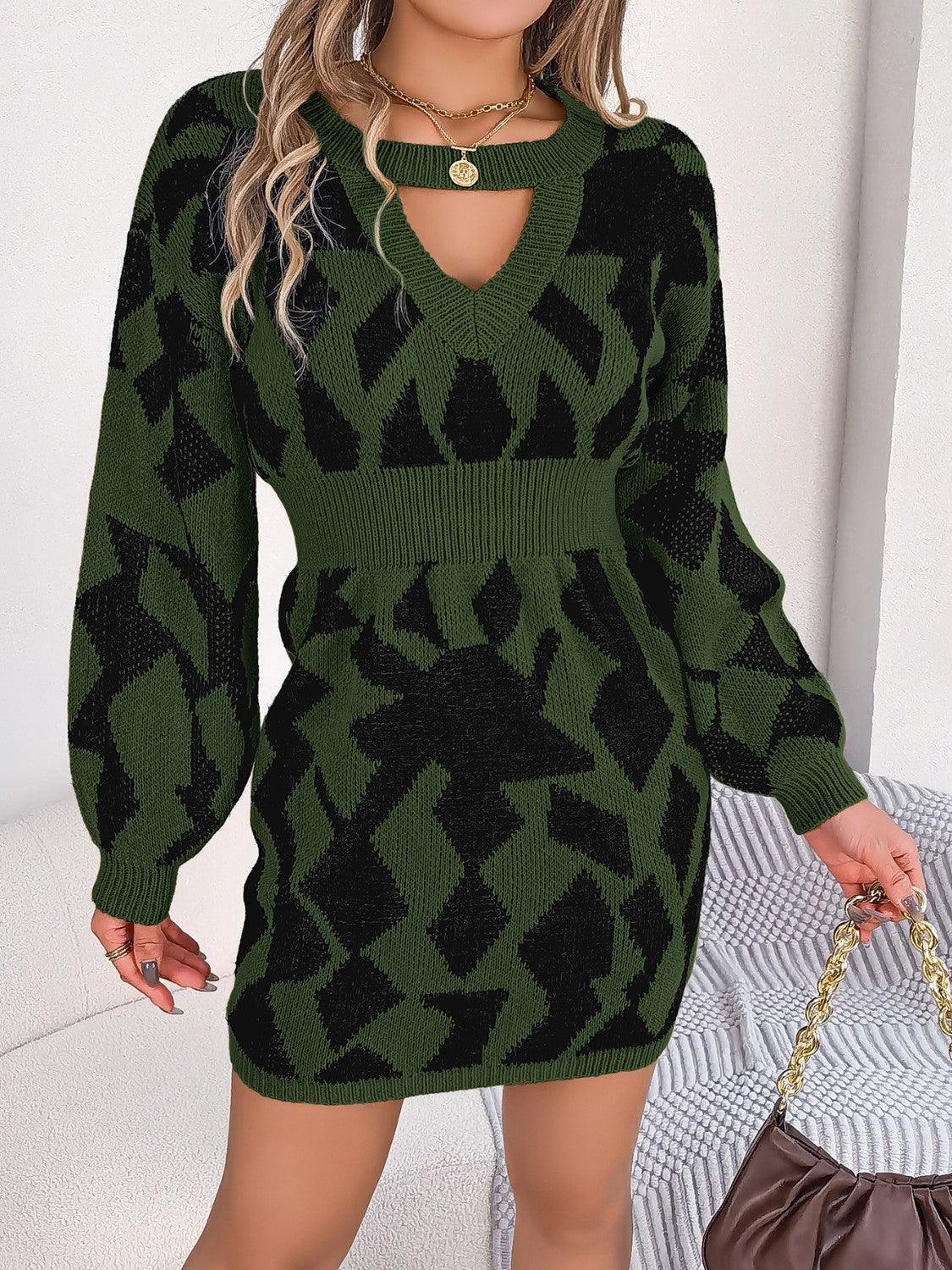 Contrast Round Neck Cutout Long Sleeve Mini Sweater Dress - ClubOn