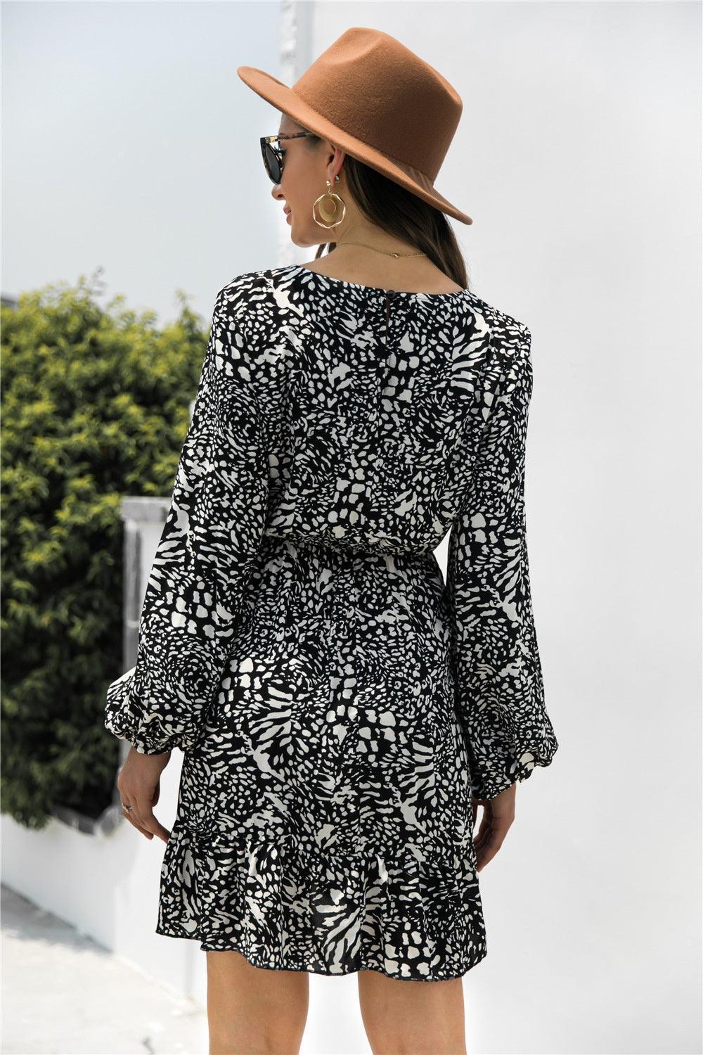 Animal Print Round Neck Balloon Sleeve Mini Dress - ClubOn