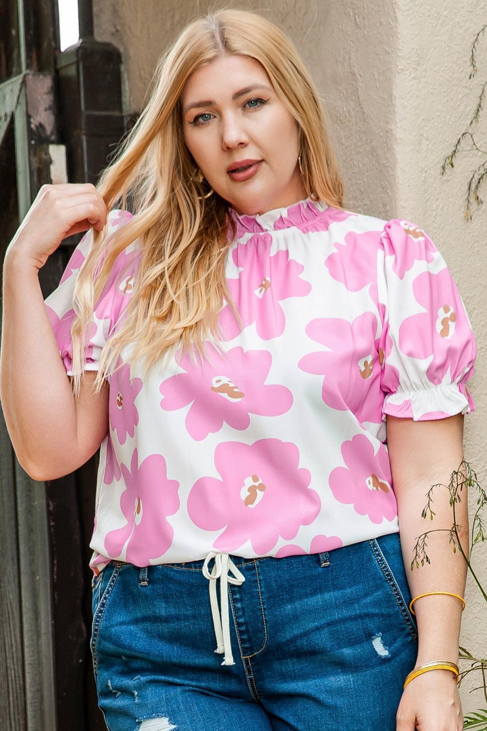 Plus Size Printed Round Neck Short Sleeve Top - ClubOn
