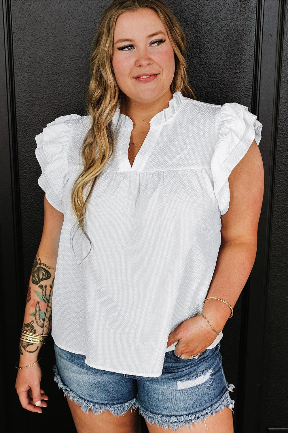 Plus Size Ruffled Notched Cap Sleeve Blouse - ClubOn