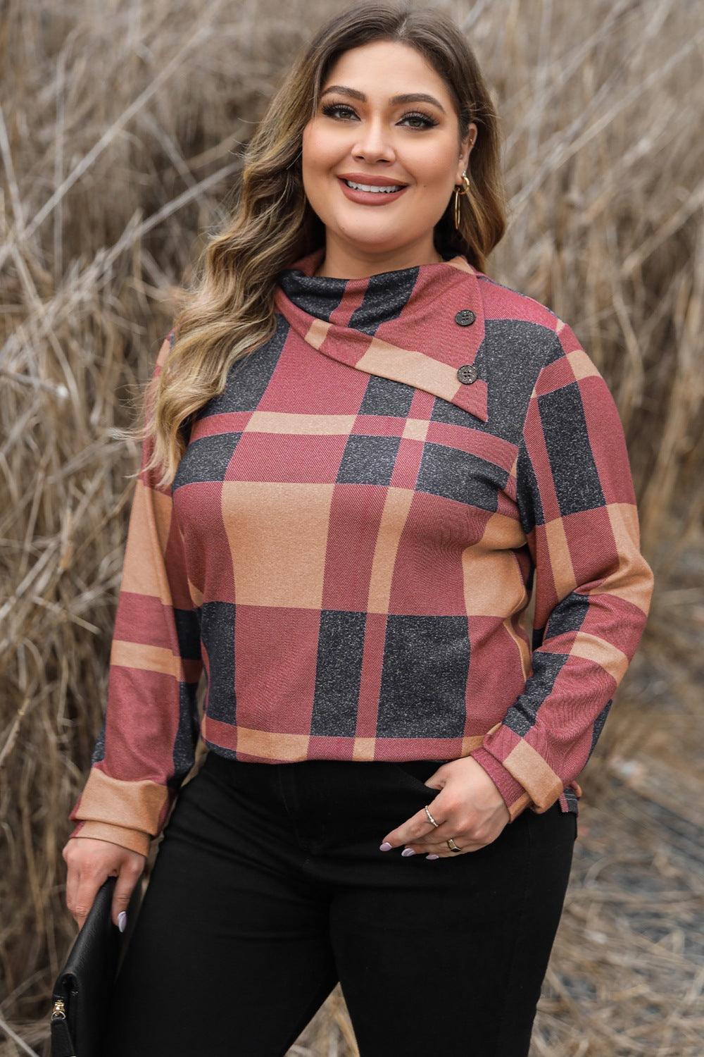 Plus Size Plaid Cowl Neck Long Sleeve Sweatshirt - ClubOn