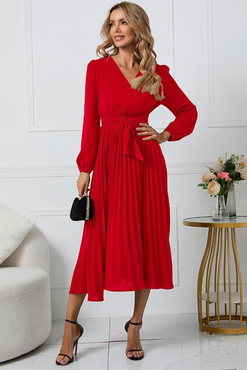 V-Neck Long Sleeve Tie Waist Midi Dress - ClubOn