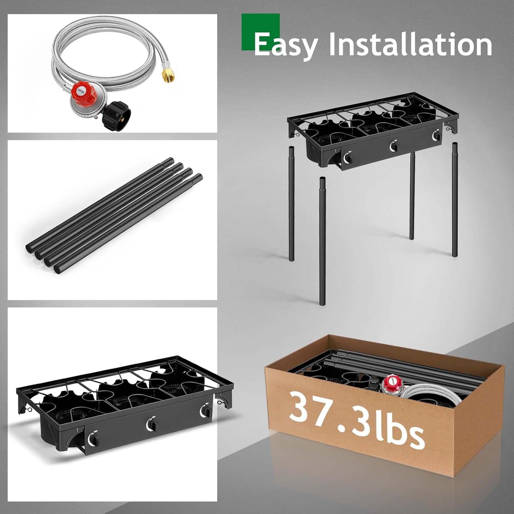 GVDV 3-Burner Propane Camping Stove, 225,000-BTU Gas Stove for BBQ, Heavy Duty, Black - ClubOn