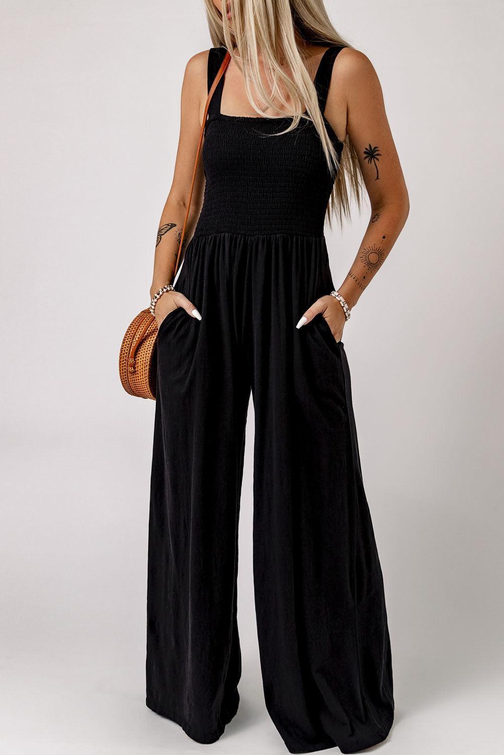 Smocked Square Neck Wide Leg Jumpsuit with Pockets - ClubOn