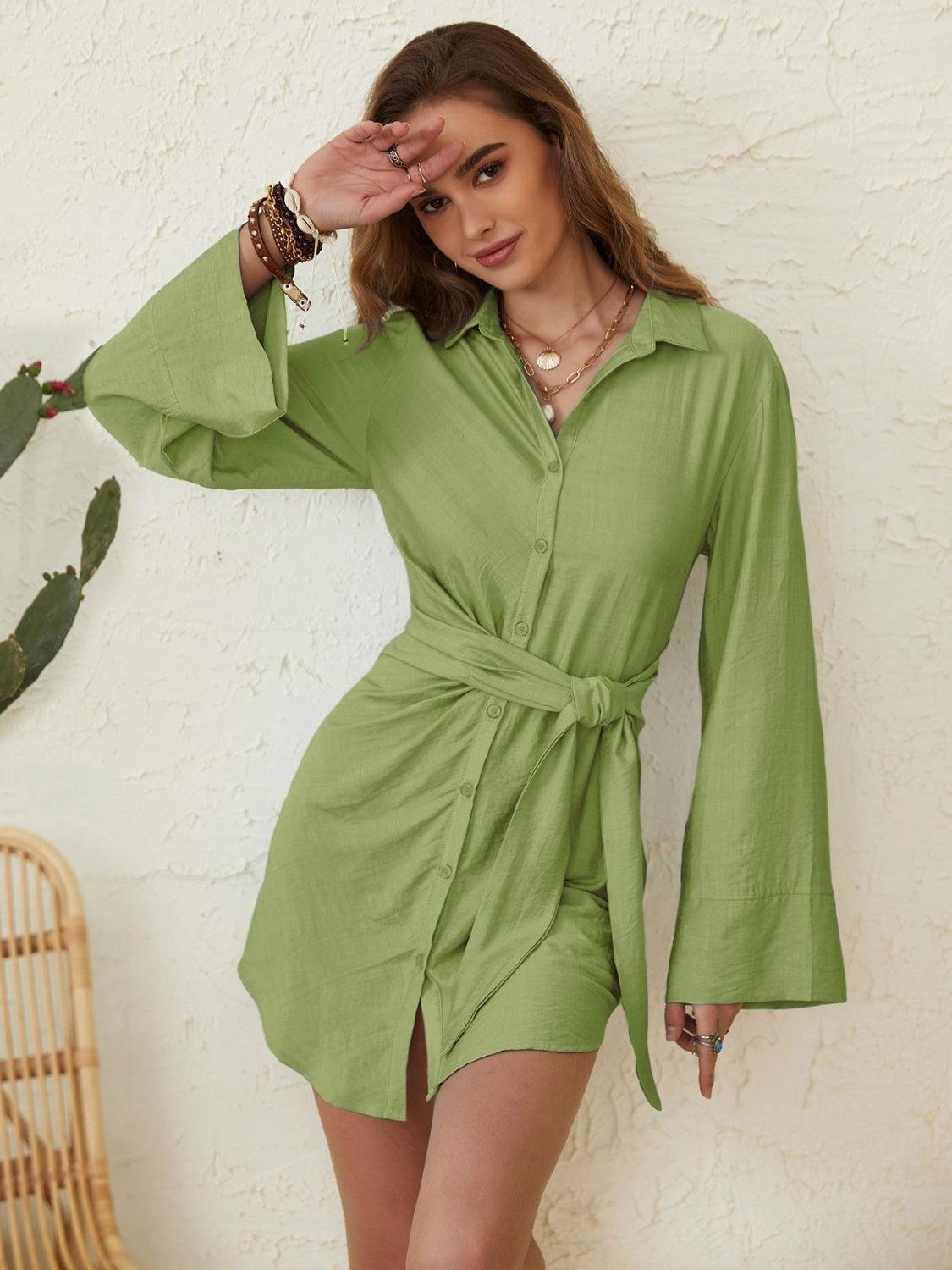 Collared Neck Long Sleeve Mini Shirt Dress - ClubOn