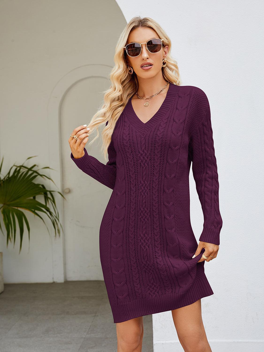 Cable-Knit V-Neck Mini Sweater Dress - ClubOn