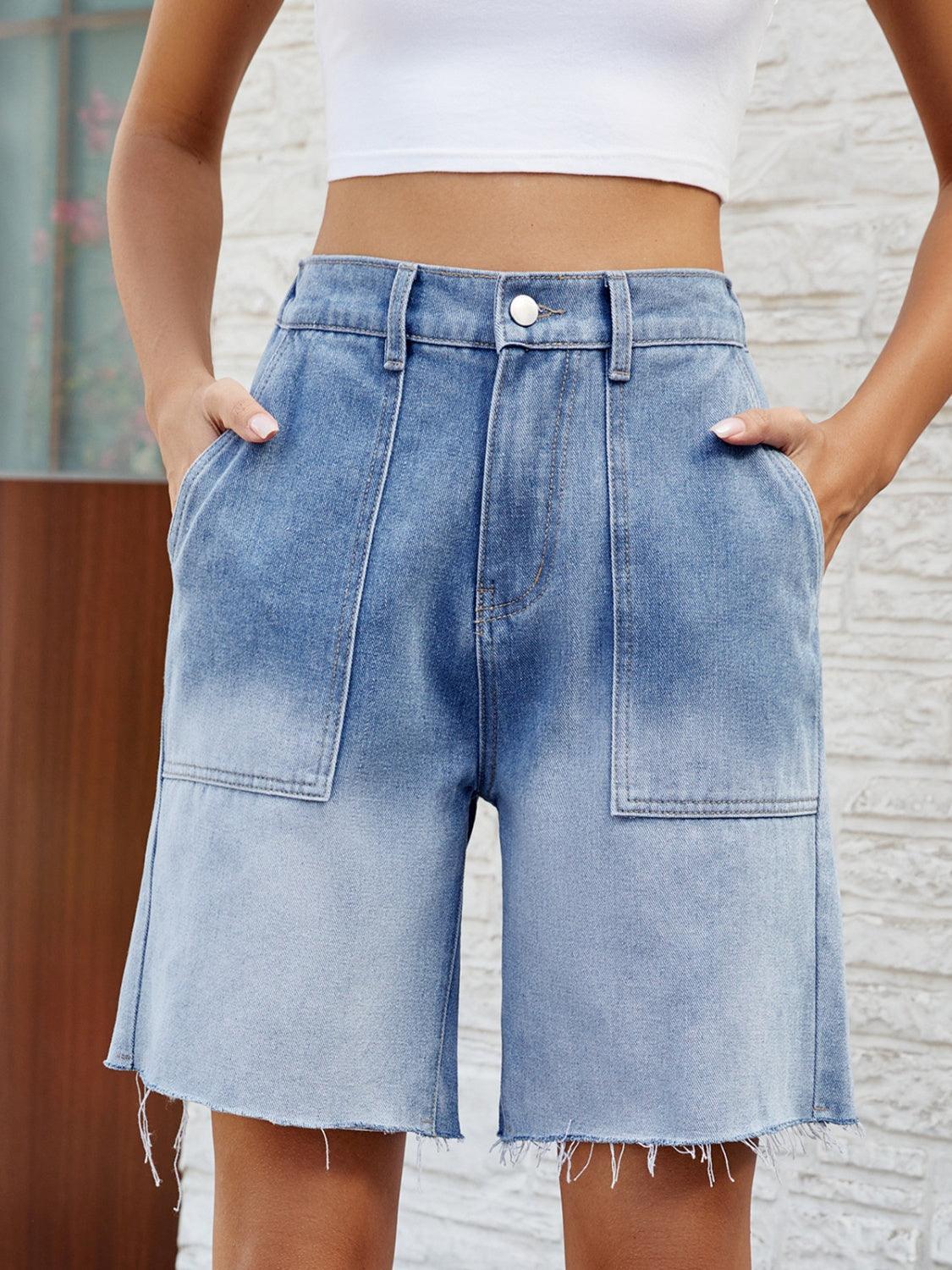 Buttoned Raw Hem Denim Shorts with Pockets - ClubOn