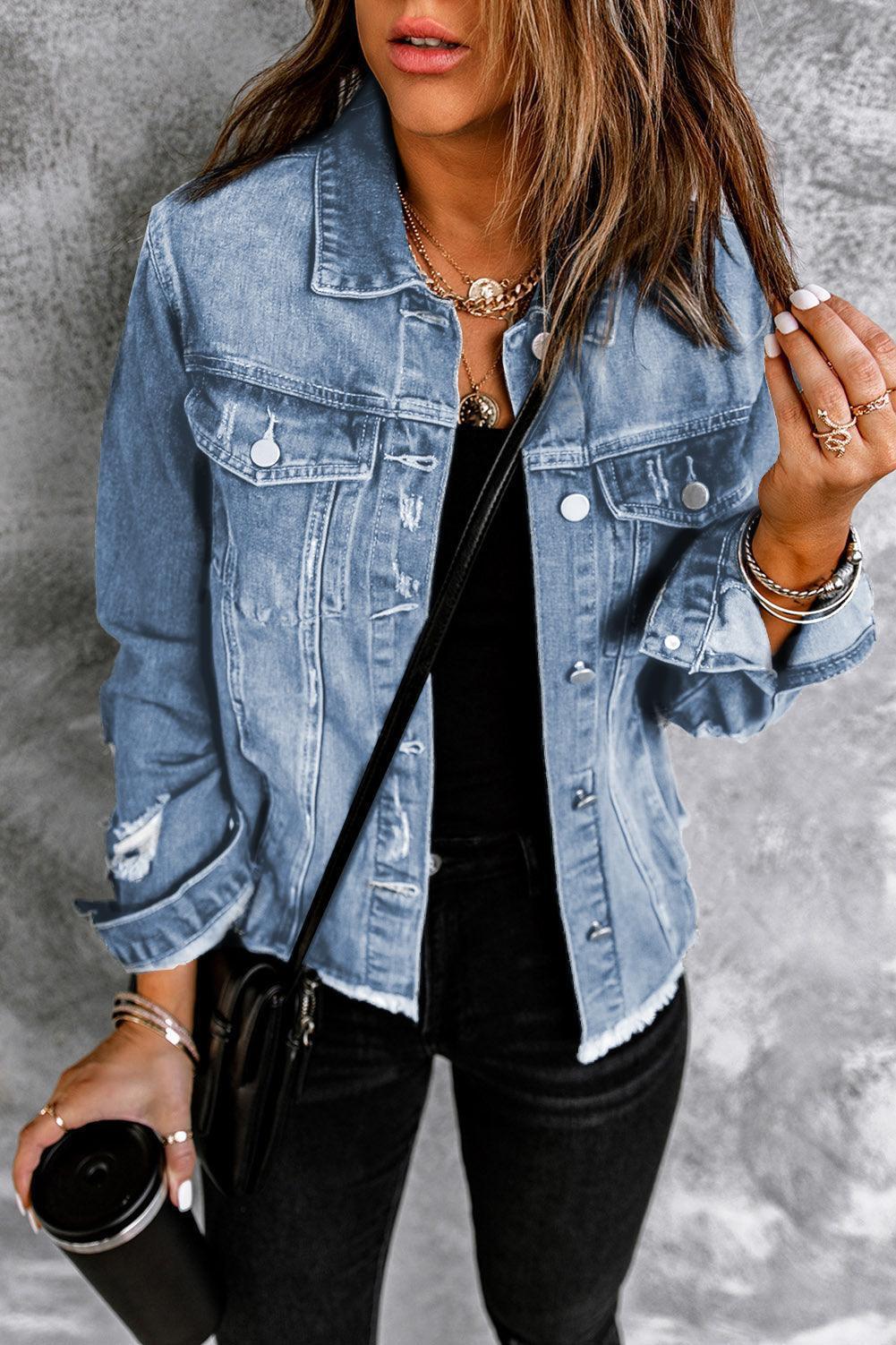 Distressed Raw Hem Denim Jacket - ClubOn