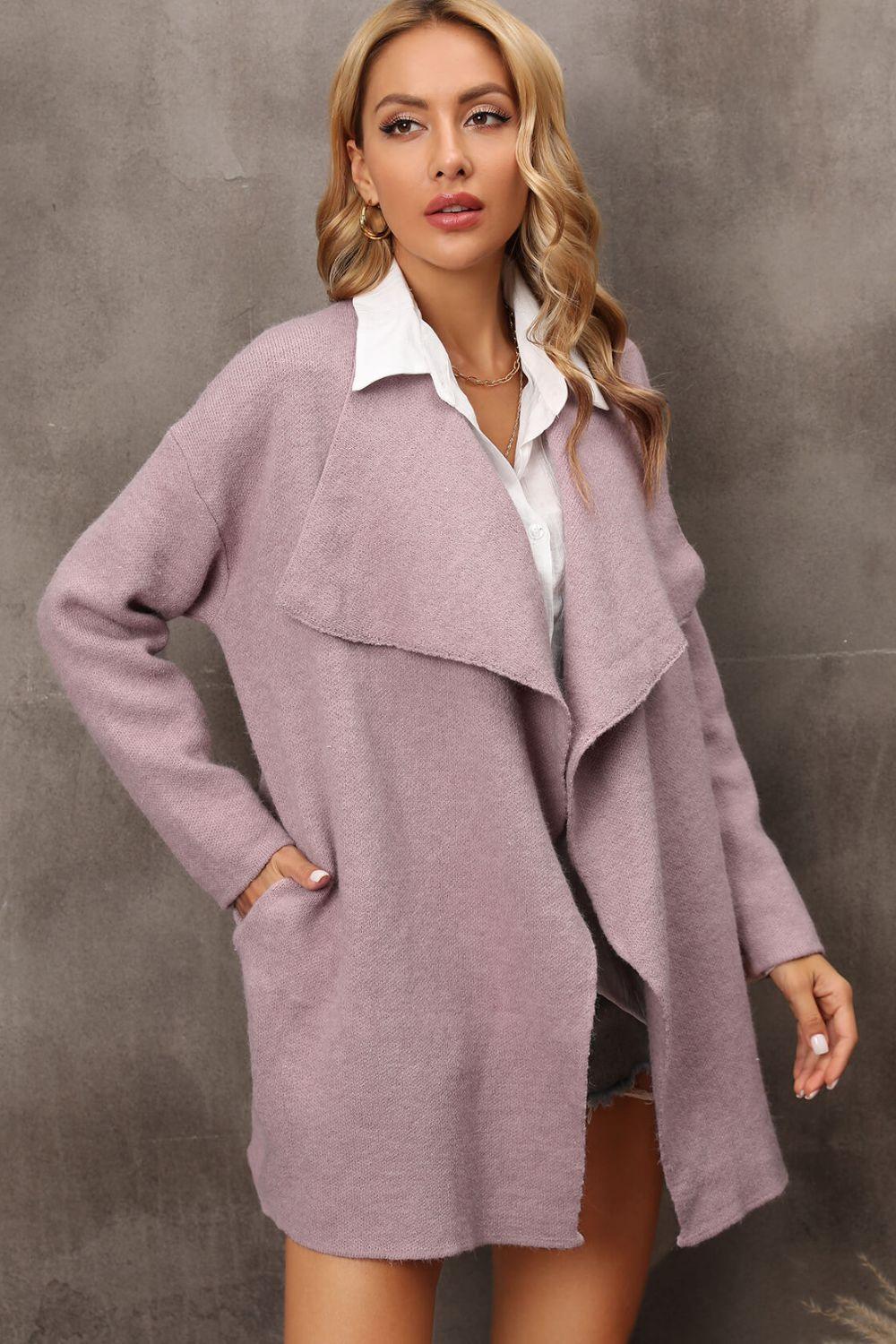 Angel Wings Waterfall Collar Longline Cardigan with Side Pockets - ClubOn