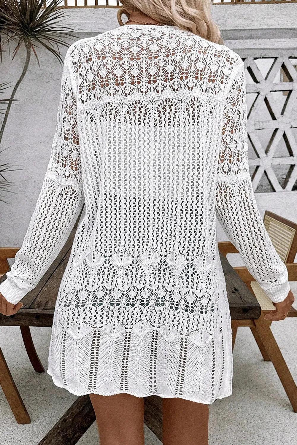 Openwork Open Front Long Sleeve Cardigan - ClubOn