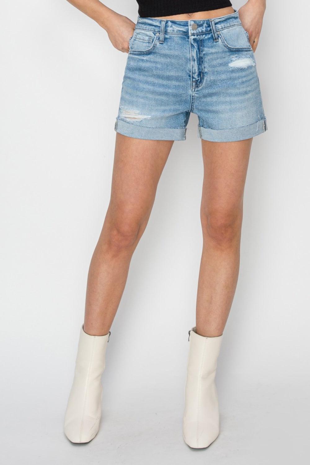 RISEN Distressed Mid-Rise Waist Denim Shorts - ClubOn