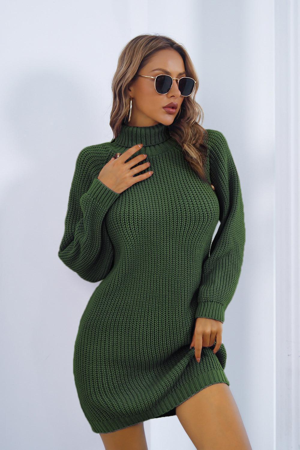 Buttoned Turtleneck Long Sleeve Sweater Dress - ClubOn