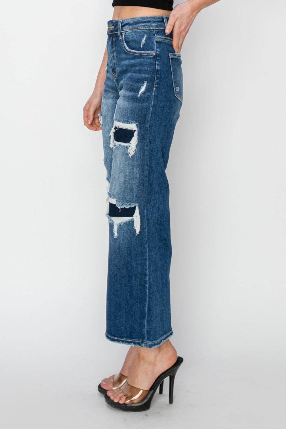 Risen Full Size High Rise Patch Detailed Wide Leg Crop Jeans - ClubOn