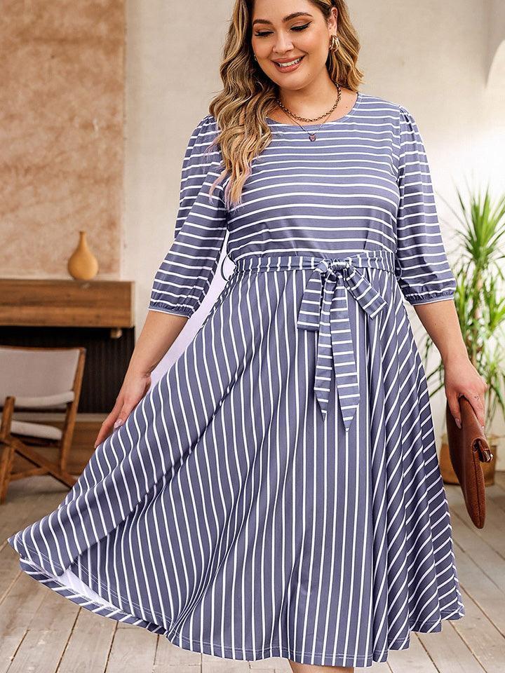 Plus Size Round Neck Striped Tie Waist Dress - ClubOn