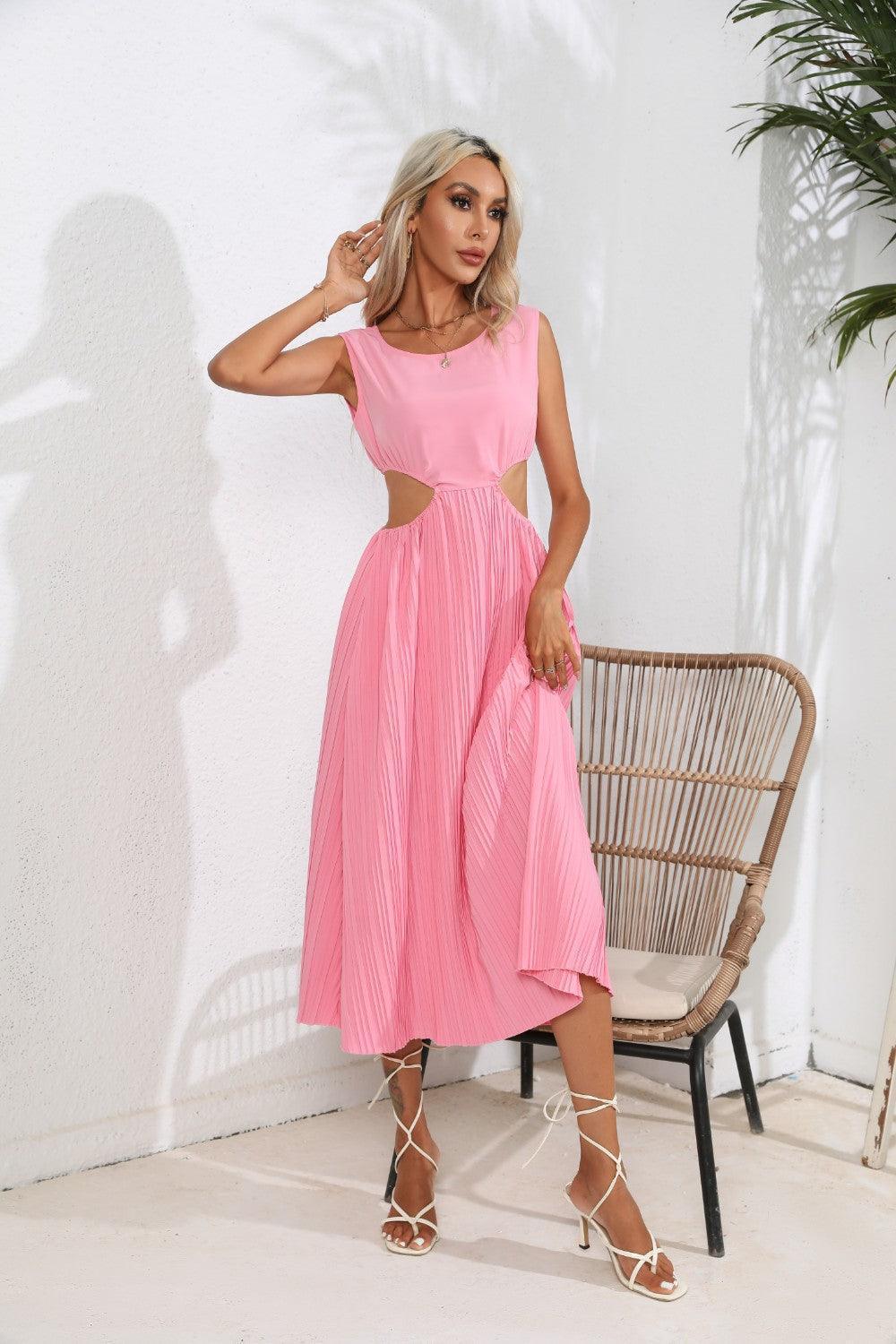 Cutout Ruched Round Neck Tank Dress - ClubOn