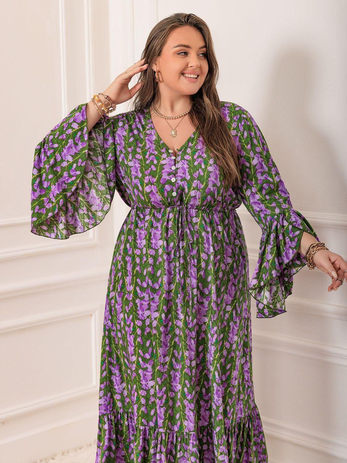 Plus Size Printed V-Neck Long Sleeve Maxi Dress - ClubOn