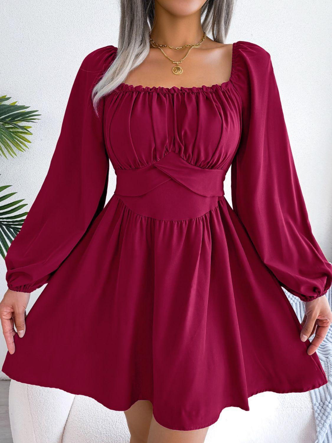 Tied Square Neck Balloon Sleeve Dress - ClubOn