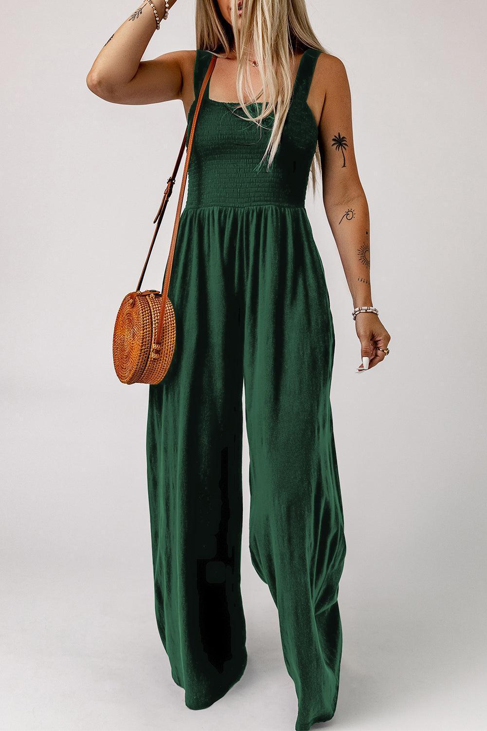 Smocked Square Neck Wide Leg Jumpsuit with Pockets - ClubOn