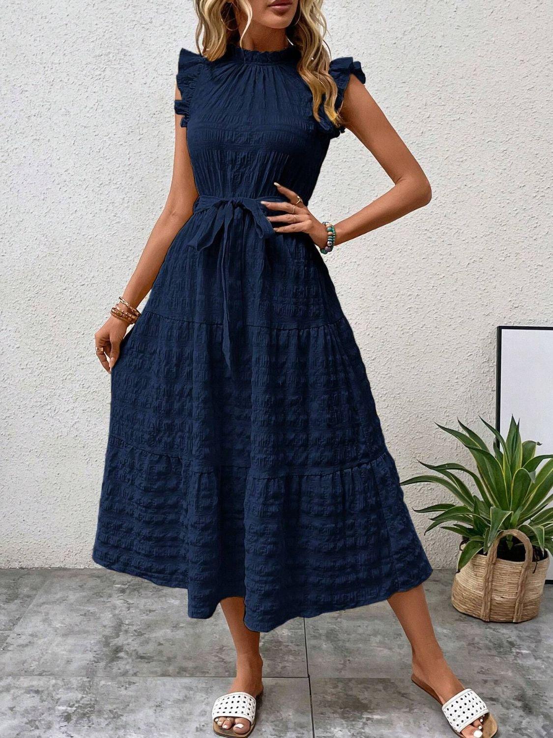 Tied Ruffled Cap Sleeve Midi Dress - ClubOn