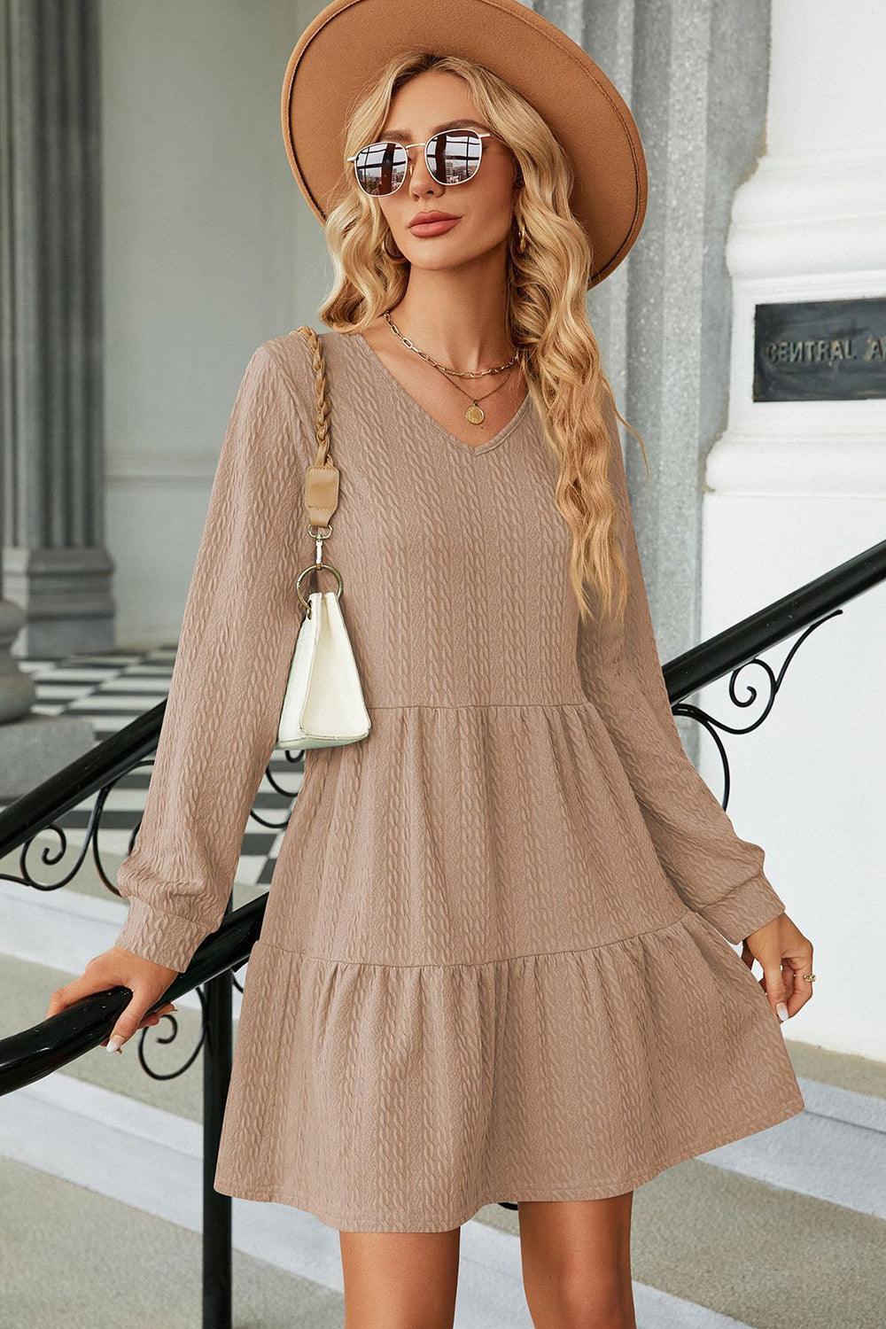 V-Neck Long Sleeve Mini Dress - ClubOn