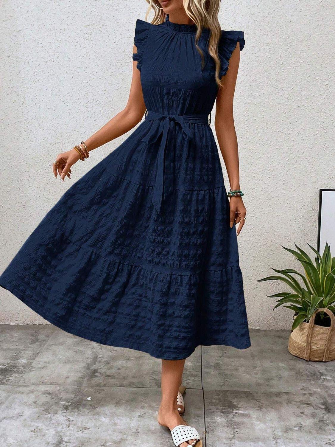 Tied Ruffled Cap Sleeve Midi Dress - ClubOn