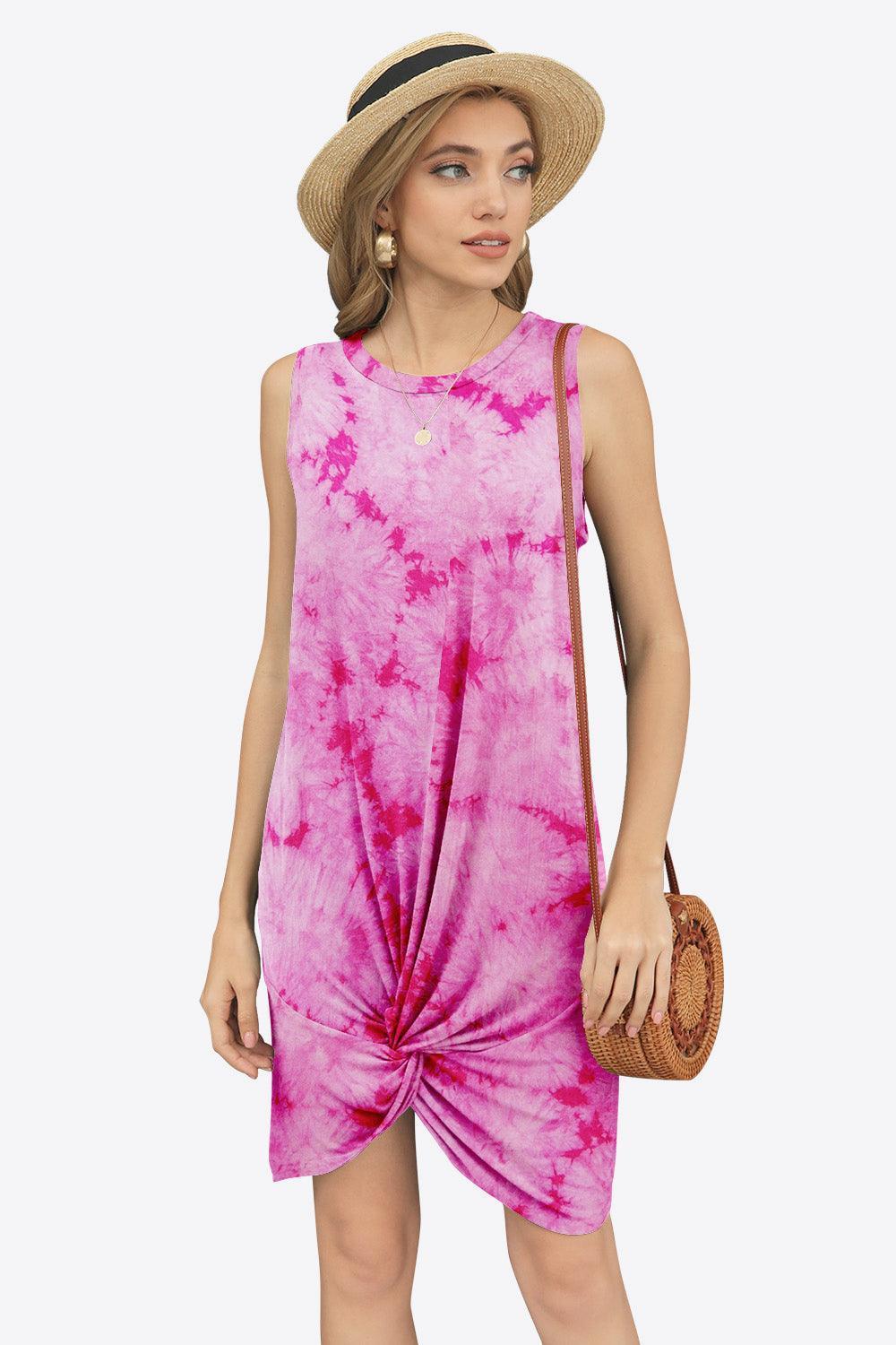 Tie-Dye Twisted Round Neck Sleeveless Dress - ClubOn