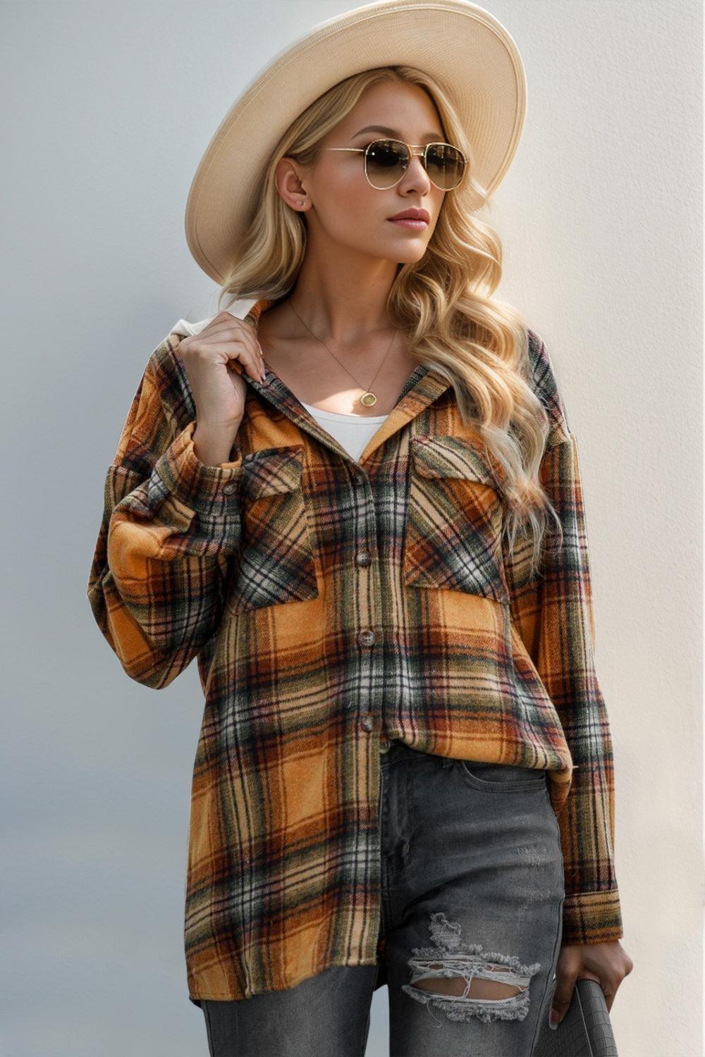 Double Take Drawstring Plaid Long Sleeve Hooded Shacket - ClubOn