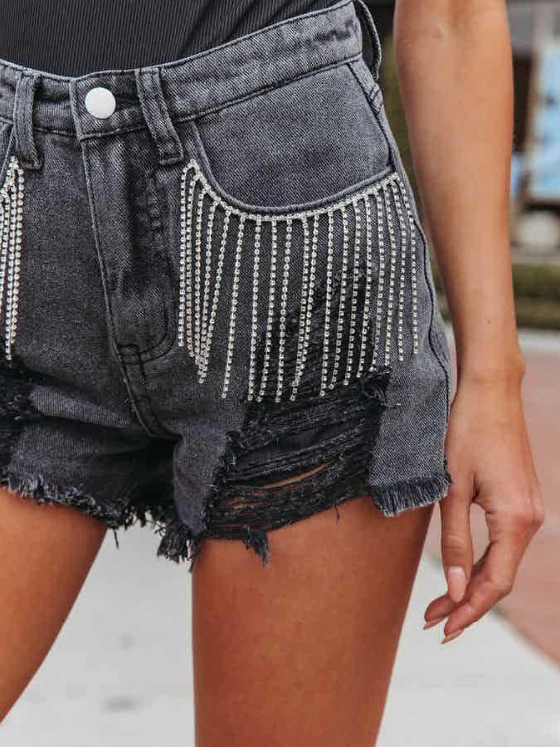 Distressed Fringe Denim Shorts with Pockets - ClubOn