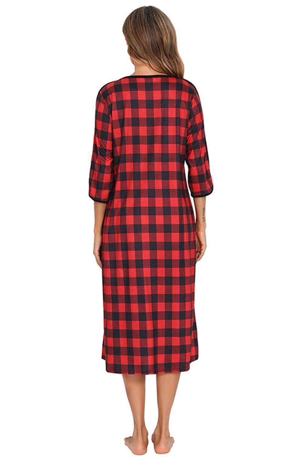 Round Neck Three-Quarter Sleeve Midi Night Dress - ClubOn