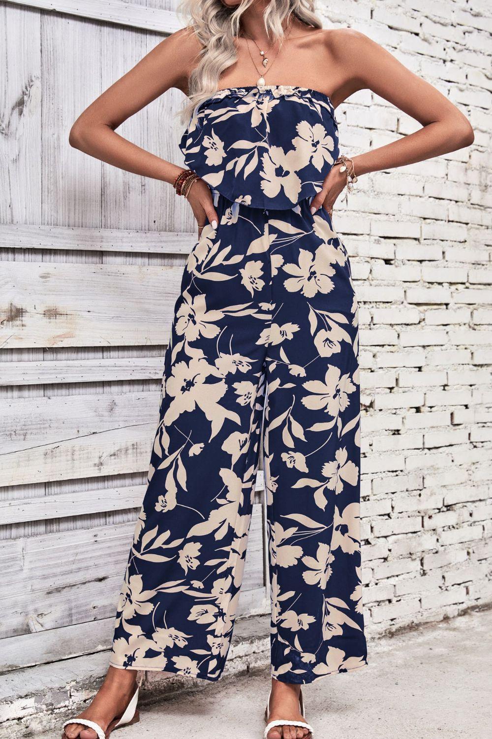 Perfee Floral Strapless Wide Leg Jumpsuit - ClubOn