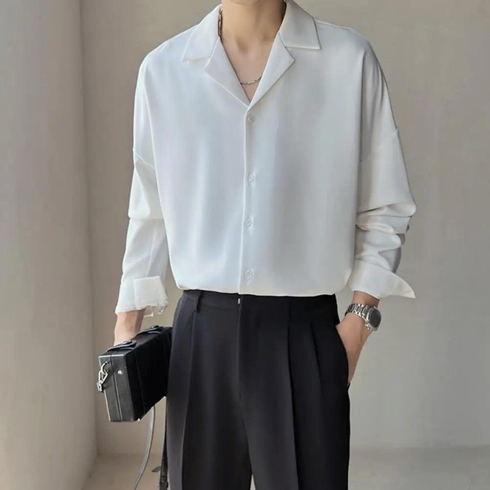 Men's Spring Cuban Neck Shirt - Casual Solid Color Long Sleeve Top - ClubOn