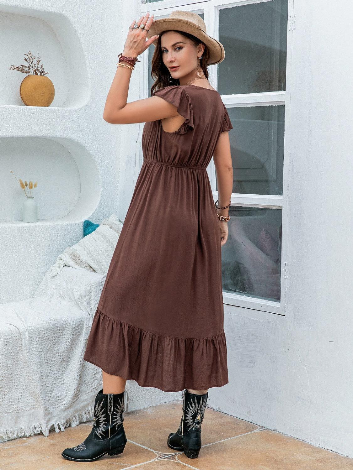 Plus Size Ruffled V-Neck Cap Sleeve Midi Dress - ClubOn