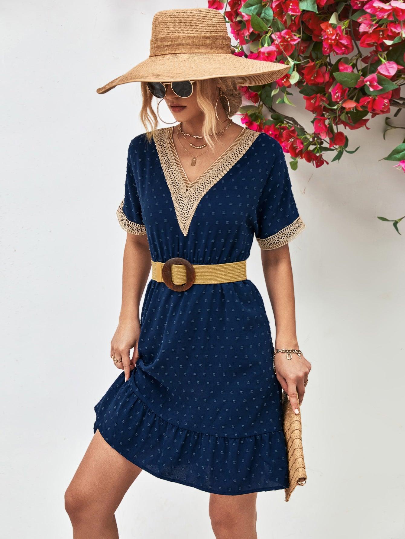 Contrast V-Neck Short Sleeve Mini Dress - ClubOn