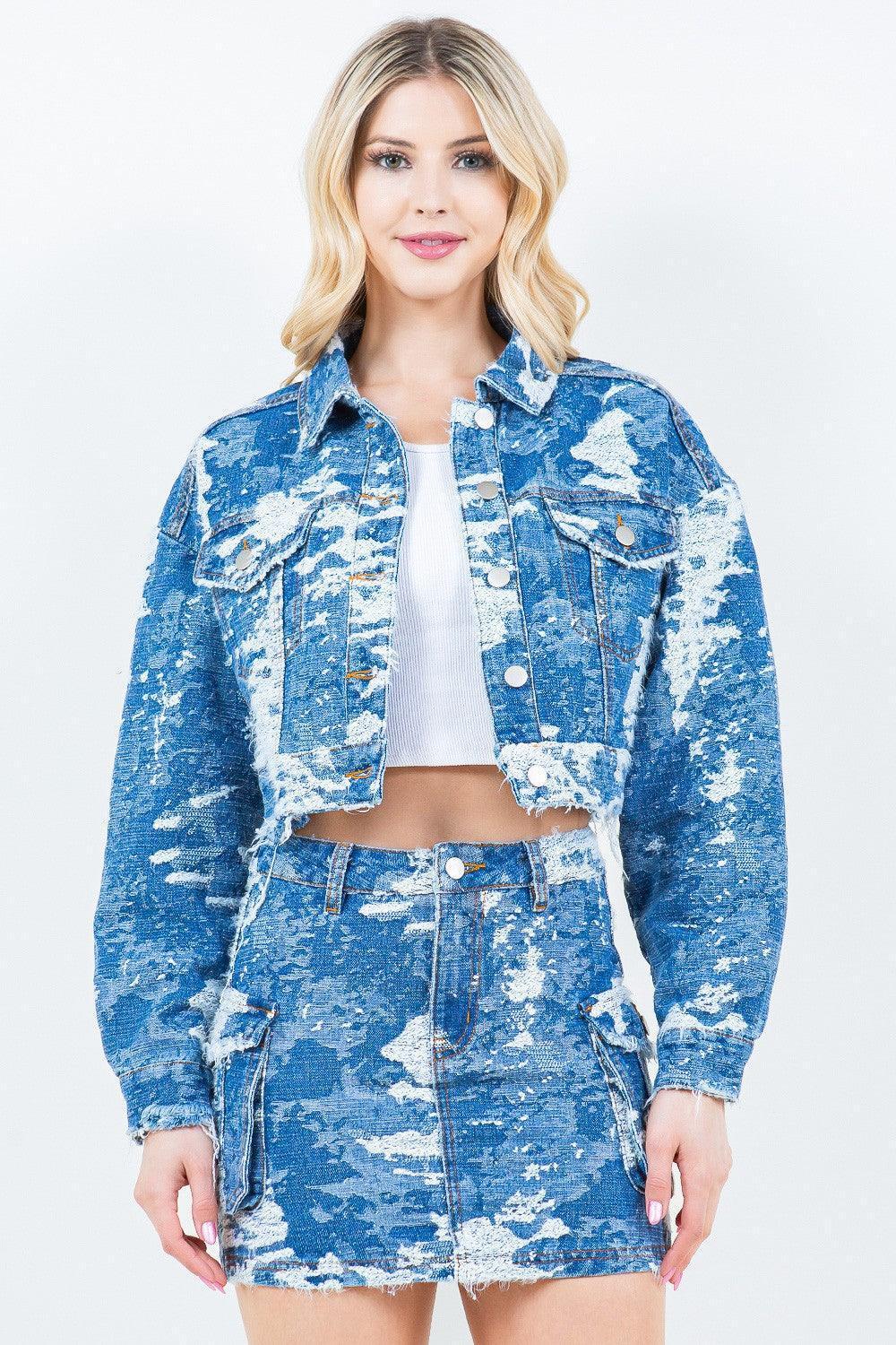 American Bazi Jacquard Trim Cropped Denim Jacket - ClubOn