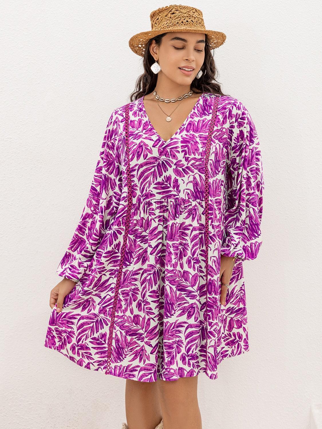 Plus Size Printed V-Neck Balloon Sleeve Mini Dress - ClubOn