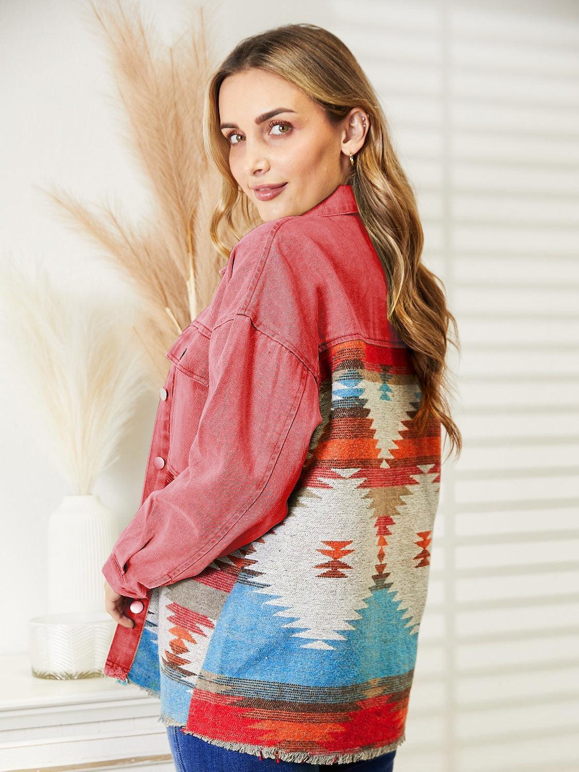 Dropped Shoulder Long Sleeve Printed Denim Jacket - ClubOn
