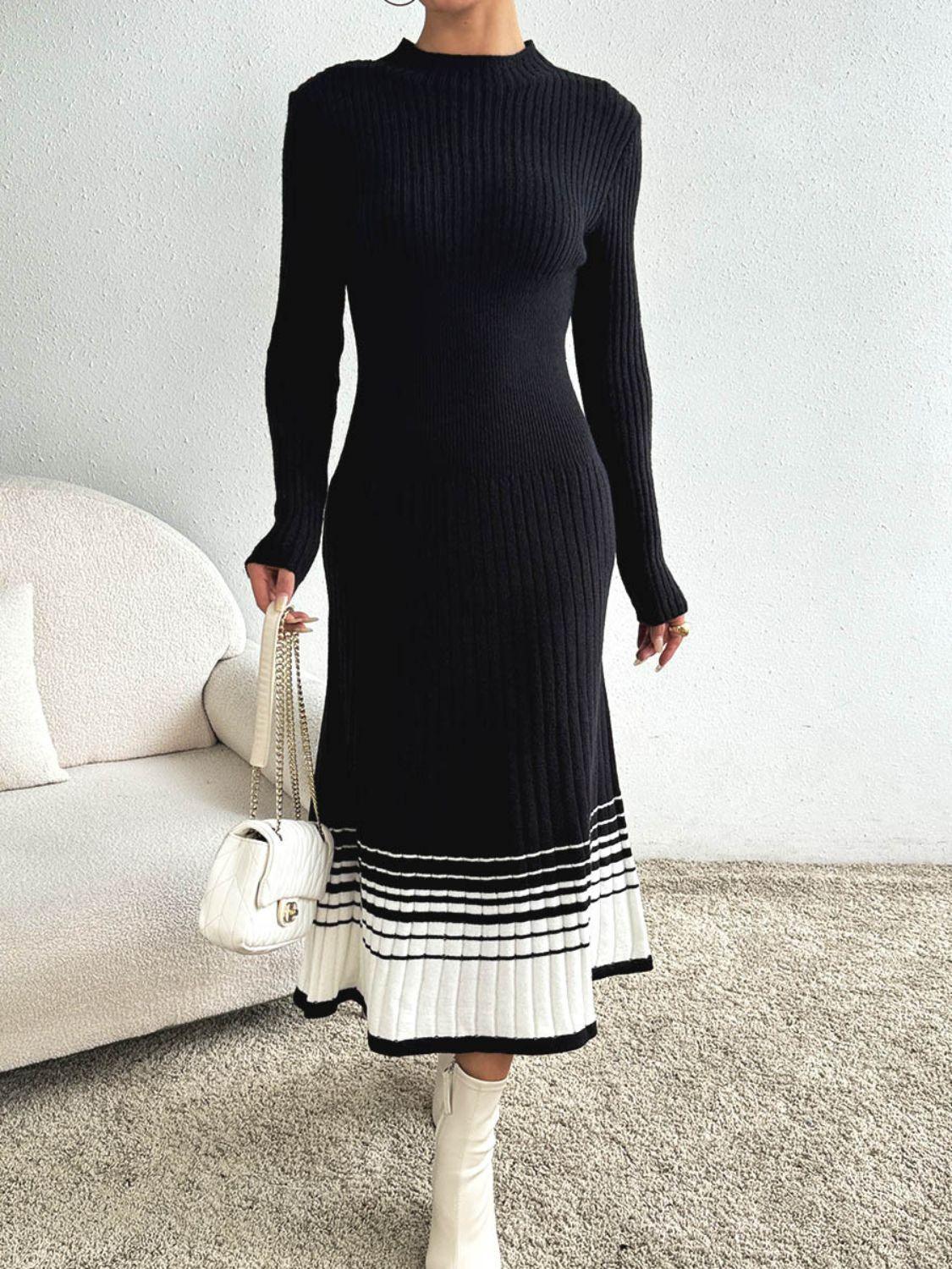 Contrast Mock Neck Long Sleeve Sweater Dress - ClubOn