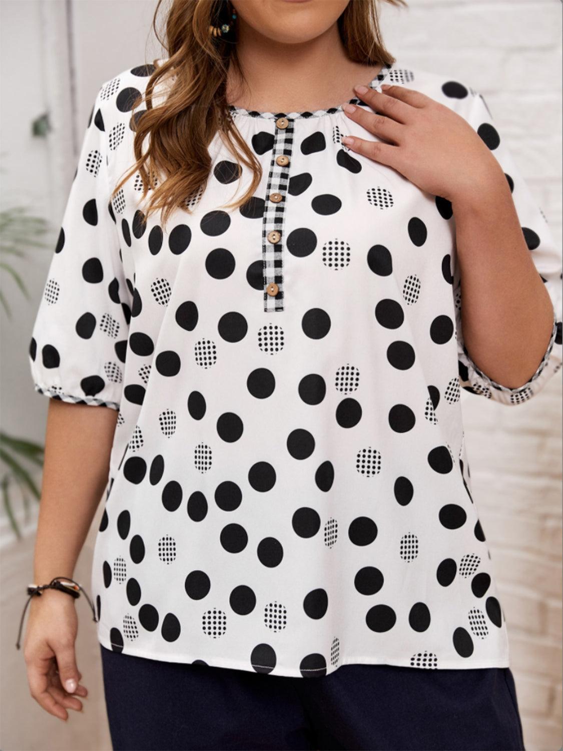 Plus Size Polka Dot Round Neck Half Sleeve Blouse - ClubOn