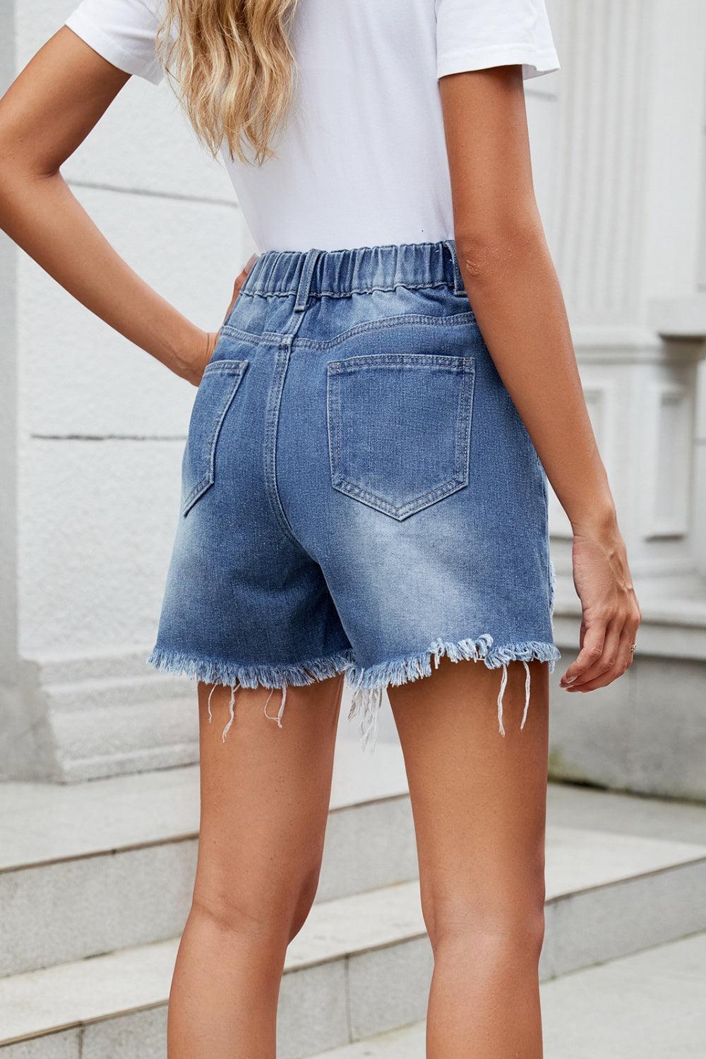 Distressed Raw Hem Asymmetric Waist Denim Shorts - ClubOn