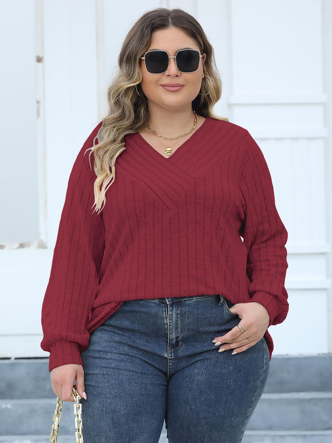 Plus Size Ribbed V-Neck Long Sleeve Top - ClubOn
