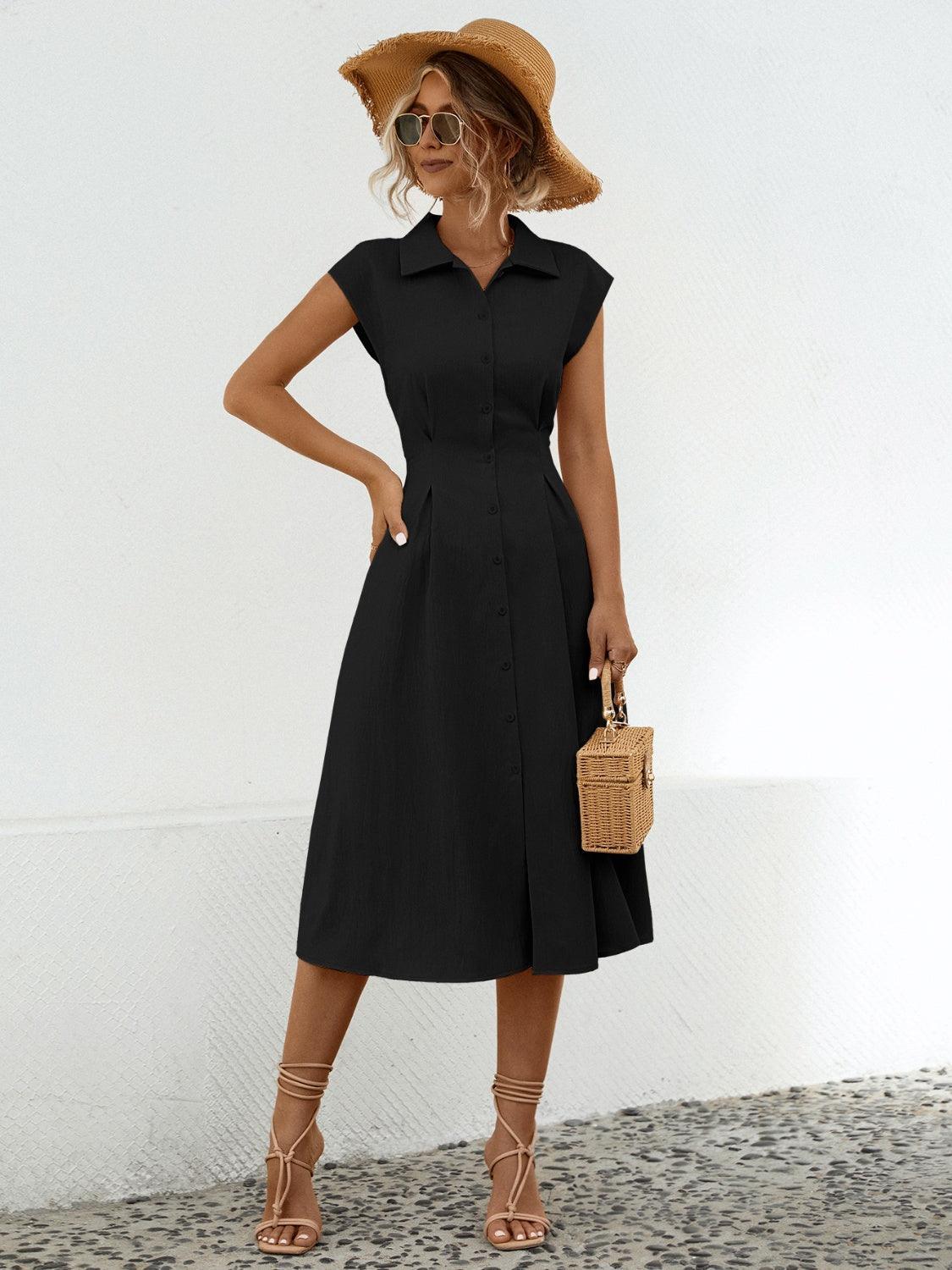 Button Up Cap Sleeve Midi Dress - ClubOn